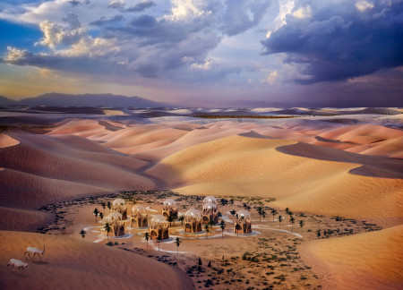 Curvilinear Shelters Crafted from Charred Wooden Shingles and Glass in a Desert Oasis