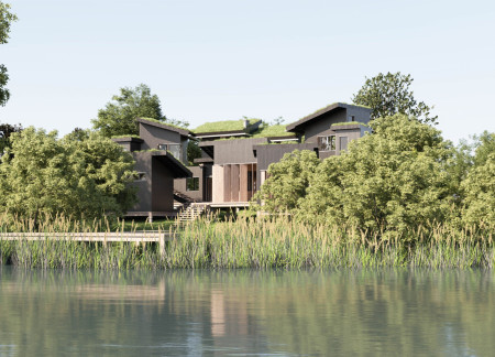 Thatch-Covered Roof Embracing Lake Views in a Flexible Artists' Retreat