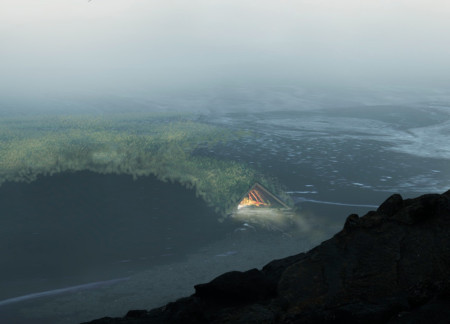 Turf Brick Refuge Amidst Volcanic Landscape with Community Fire Center