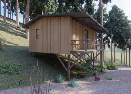 Elevated Cabins Featuring Locally Sourced Wood and Corrugated Metal in a Tranquil Forest Setting