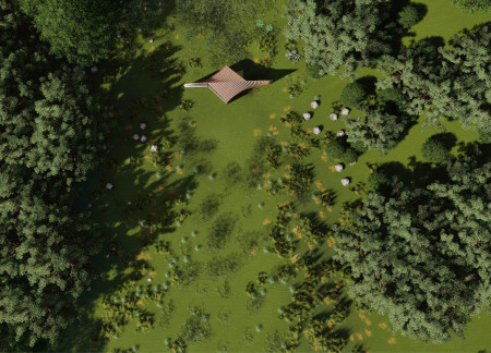 Vertical Wooden Frames Integrating Light in a Tranquil Meditation Space