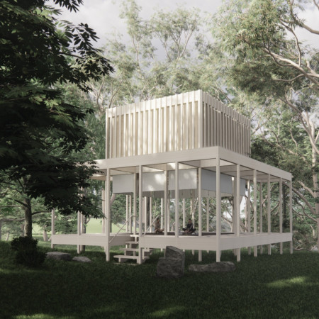 Elevated Plinth Cabin with Sliding Panels for Meditation