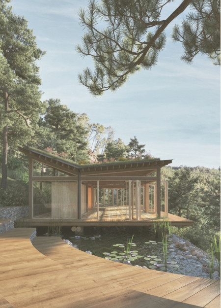 Floating Yogaraft Supported by Roundwood and Greywater Management Design