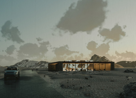 Basalt Gabion Pavilion Embraces Icelandic Landscape and Cinema