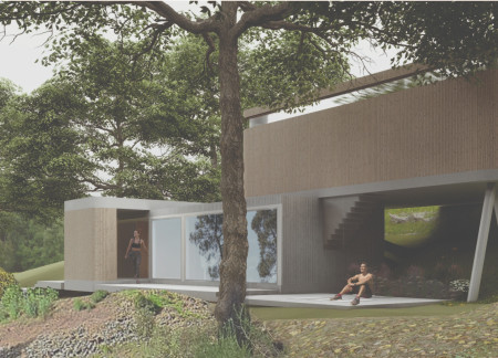 Floating Ceiling and Green Roof Blend in a Tranquil Meditation Space