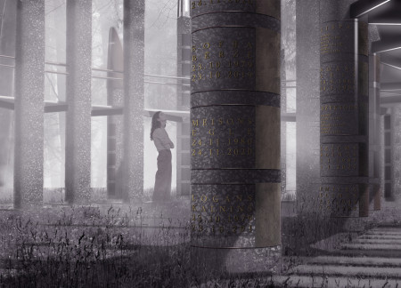 Gravestone Shards and Concrete Pillars in a Forest Setting for Remembrance