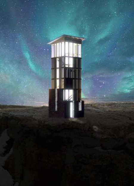 Plywood Observation Tower Anchored in Local Stone Embracing Natural Landscape