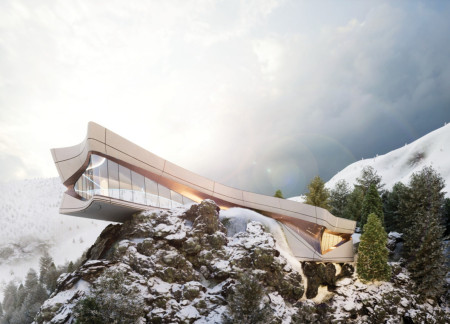 Cantilevered Workspace Overlooking Natural Landscapes with Concrete and Copper Elements