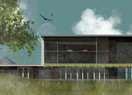 Braille Marked Spaces Within a Wooden Facade and Green Roof Home