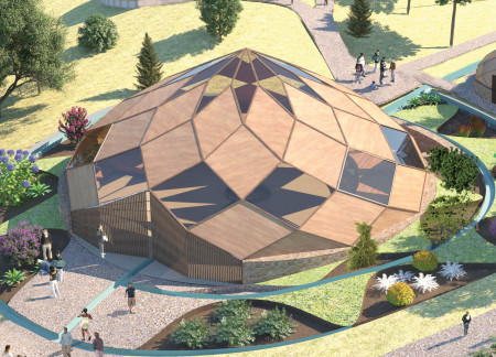 Ceremonial Water Channel Within a Spiraled Geodesic Dome Crafted from Local Timber and Shalestone