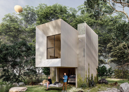 Elevated Cube with Engineered Bamboo and Vertical Farming Solutions