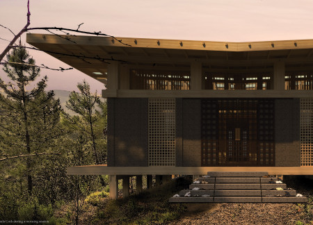 Cork and Hinoki Serenity Space in a Tranquil Landscape