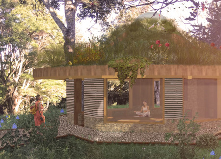 Pulley-Operated Altar Within a Timber Den Featuring Stone and Cellulose Insulation