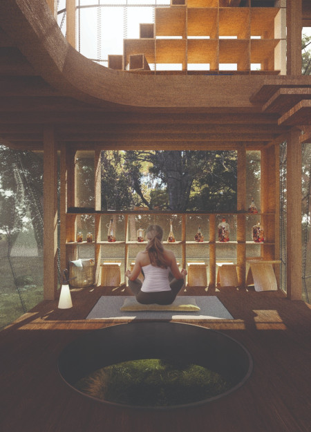 Woven Fabric Cloak Enhancing Community Connection Through Vertical Meditation Spaces