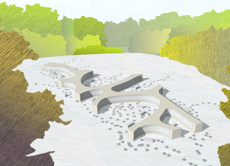 Mycelium Inspiration in a Concrete Columbarium with Sea Gravel Accents