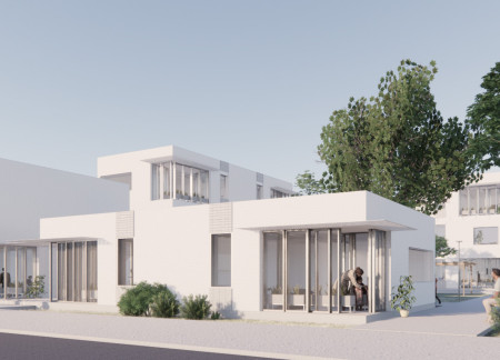 Greenhouse-Inspired Entrance with Brick and Concrete Living Units