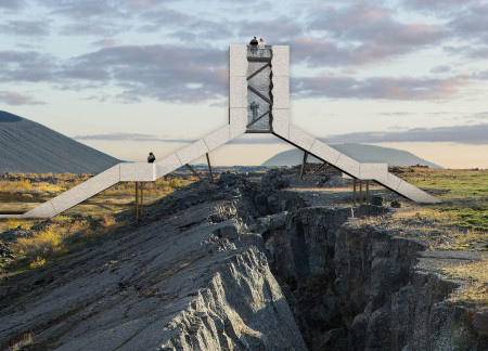 Reflective Aluminum and Concrete Observation Tower in Icelandic Landscape