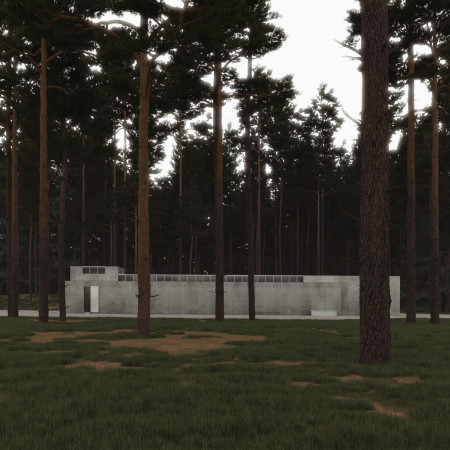 Grey Concrete Volumes Framing Reflection in a Natural Landscape