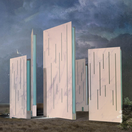 Translucent Glass Towers and Polished Stone Form Community Crater Experience