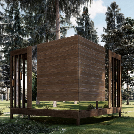 Reflective Metal Cladding and Laminated Glass Enveloped in Natural Wood for a Meditative Retreat