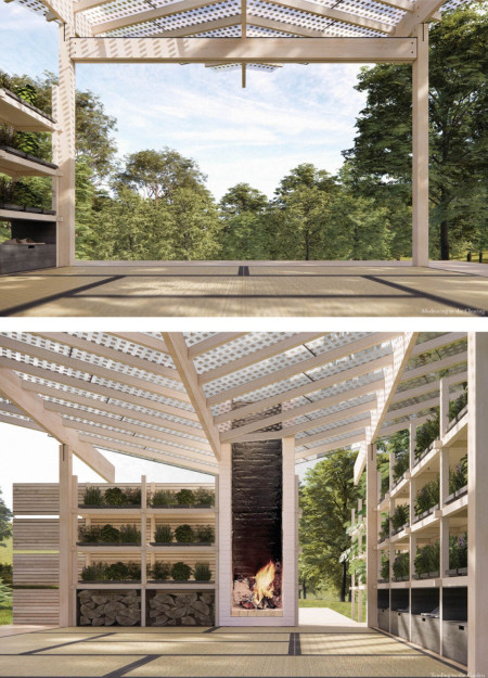 Leaf-Inspired Canopy and Planting Shelves Create a Meditative Retreat in Sustainable Wood