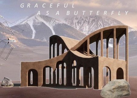 Plaited Hazelnut Twigs and Clay Form a Butterfly-Inspired Pavilion in the Desert