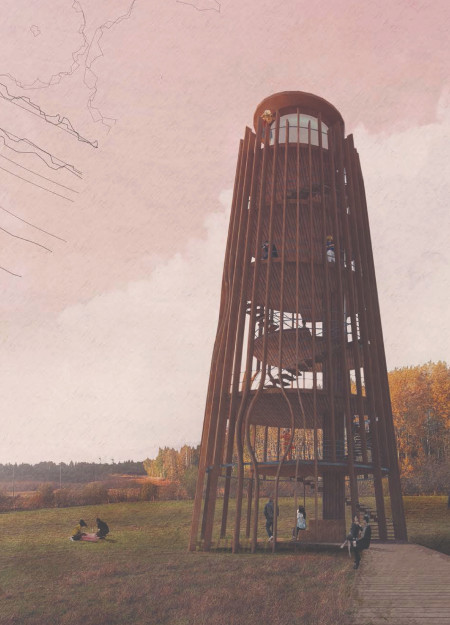 Timber Elements Elevated Above Pad Foundations in a Tree Trunk-Inspired Observation Tower