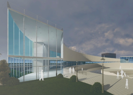 Glass Facades Paired with Natural Stone and Concrete in a Multifunctional Urban Park Design