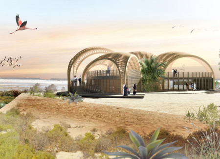Laminated Wood Structure Surrounded by an Artificial Oasis for Ecological Education