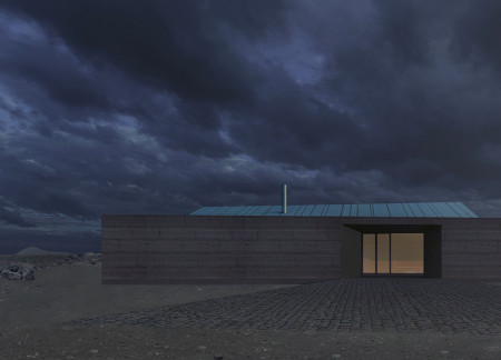Rammed Earth Retreat with Oxidized Copper Canopy at Volcano Base