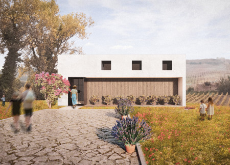 Sculptural Plaster Niche with Load-Bearing Masonry for Engaging Wine Tasting Experience