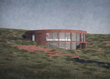 Concrete Structure with Volcanic Rock Amid a Community Landscape