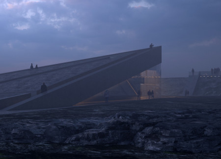 Tetrahedral Viewpoint with Sintered Stone and Structural Glazing over Tectonic Plates