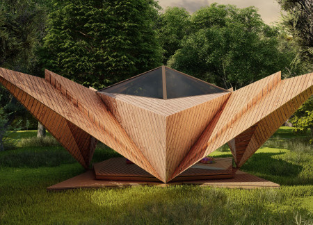 Timber Panels and Low-E Glass Cabin Emphasizing Cardinal Points for Meditation