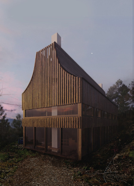A Triangular Yoga House with Cork Wood Structure Embracing Nature