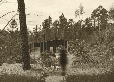 Contemplative Space Constructed with Darkened Plywood and Natural Stone