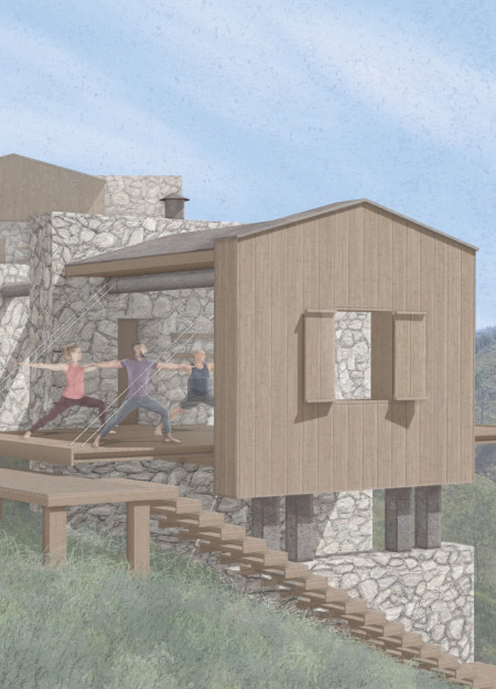 Kinetic Wood Walls and Stone Foundations in a Mindful Retreat