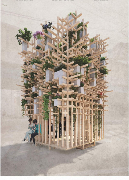 Elevated Spaces with Japanese Cypress in a Community Retreat