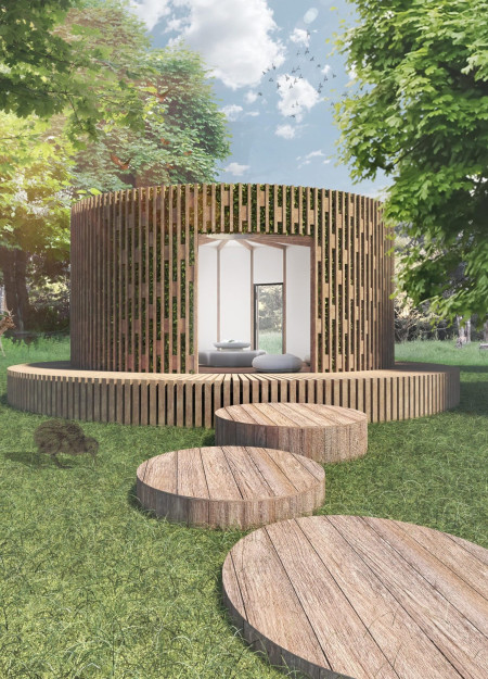 Circular Retreat Embracing Greenery with Wooden Elements and a Central Altar