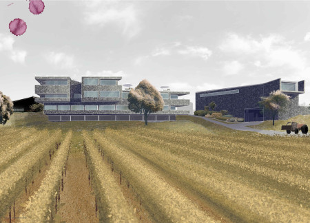 Translucent Stone Facade and Sculptural Wooden Elements in a Vineyard Retreat