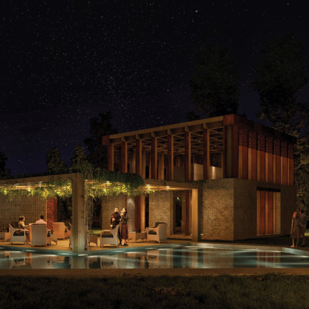 Bricks and Water Reflections in a Modular Guesthouse Design