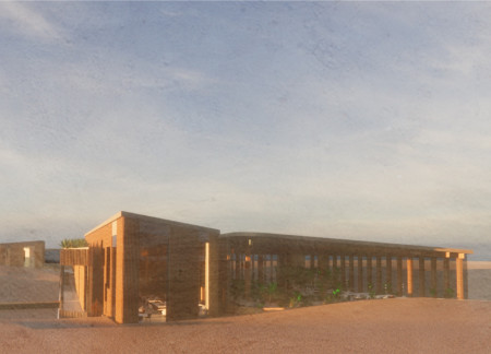 Heat-Retaining Greenhouse with Elevated Walkway and Community Space