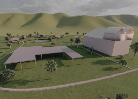 Bamboo Huts Embracing Natural Light with Thatched Roofs Surrounding a Central Lake