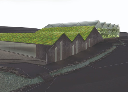 Conical Structure Featuring Burnt Wood and Integrated Greenhouse Functions