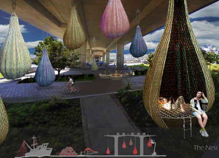 Suspended Living Pods with Recycled Nets on Cambie Bridge