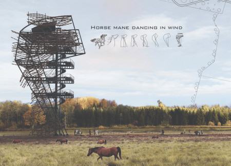 Wooden Slats Resembling Horse Mane Framing a Landmark Tower