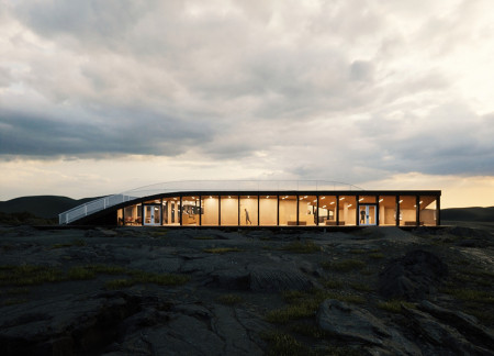 Twisting Forms of Charred Wood and Light Interiors in a Volcano Visitor Center