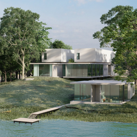 Elevated Solitude in Glass and White Walls for Artistic Retreat