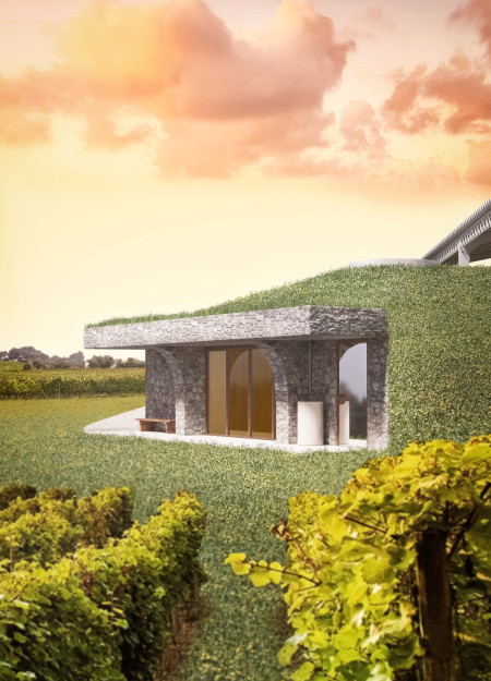 Skylit Tasting Room Embedded in a Natural Embankment with Local Pink Marble
