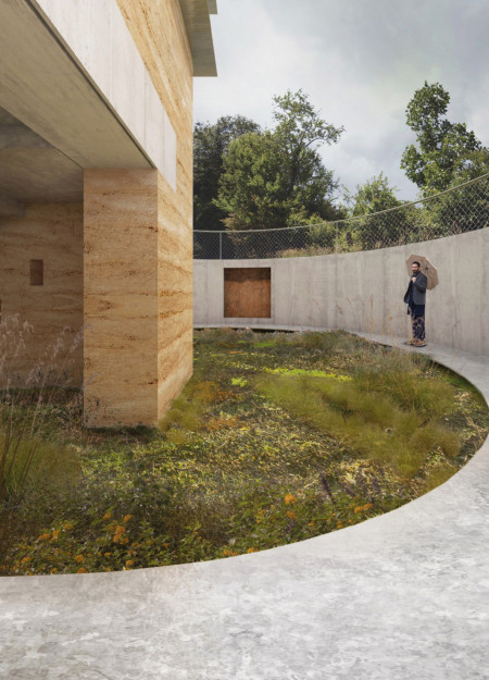 Rammed Earth Tower Overlooking Loam Pit with Reflective Canopy